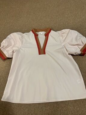 Entro Contrast-Trim Puff Sleeve Blouse in Light Pink with Rust & Tan Trim NWOT